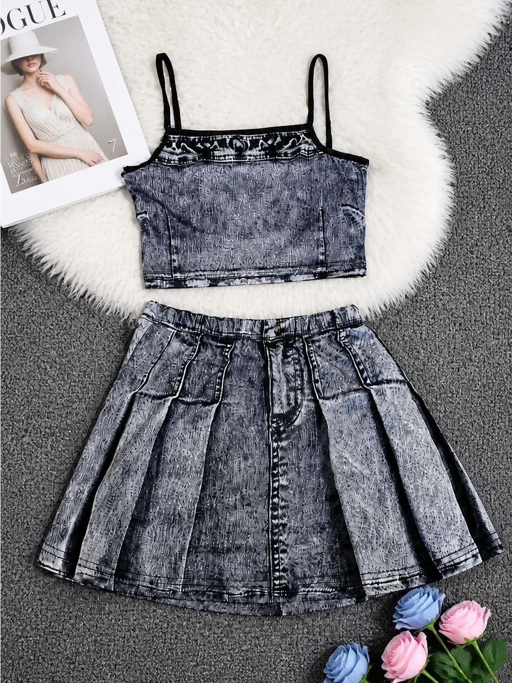 Girls Black and Gray Acid-Wash Tank Top and Pleated Skirt Set
